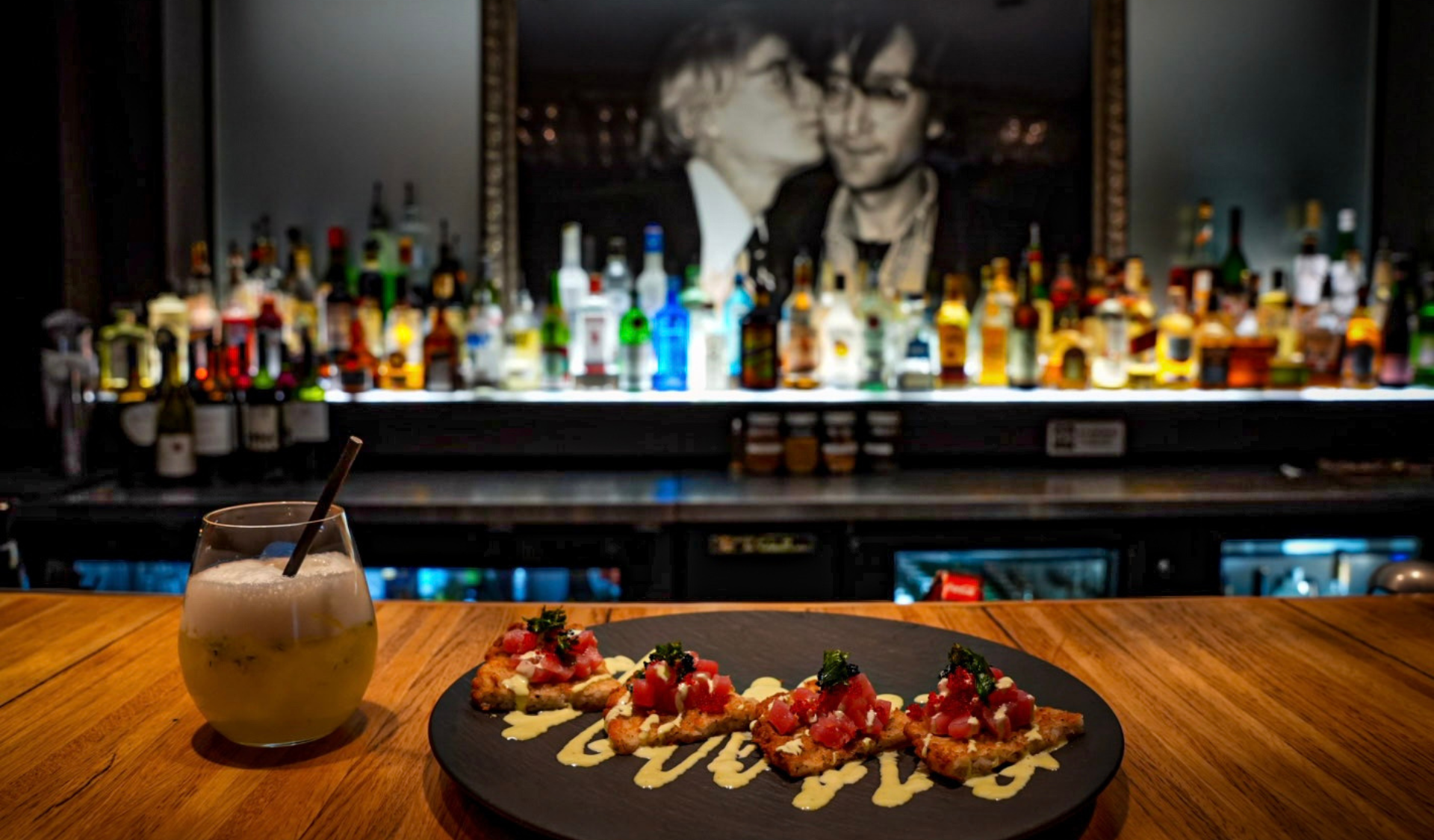Image of Sushi pizza and cocktail at bar at Bar Louis at Hotel Fauchere in Milford Pennsylvania